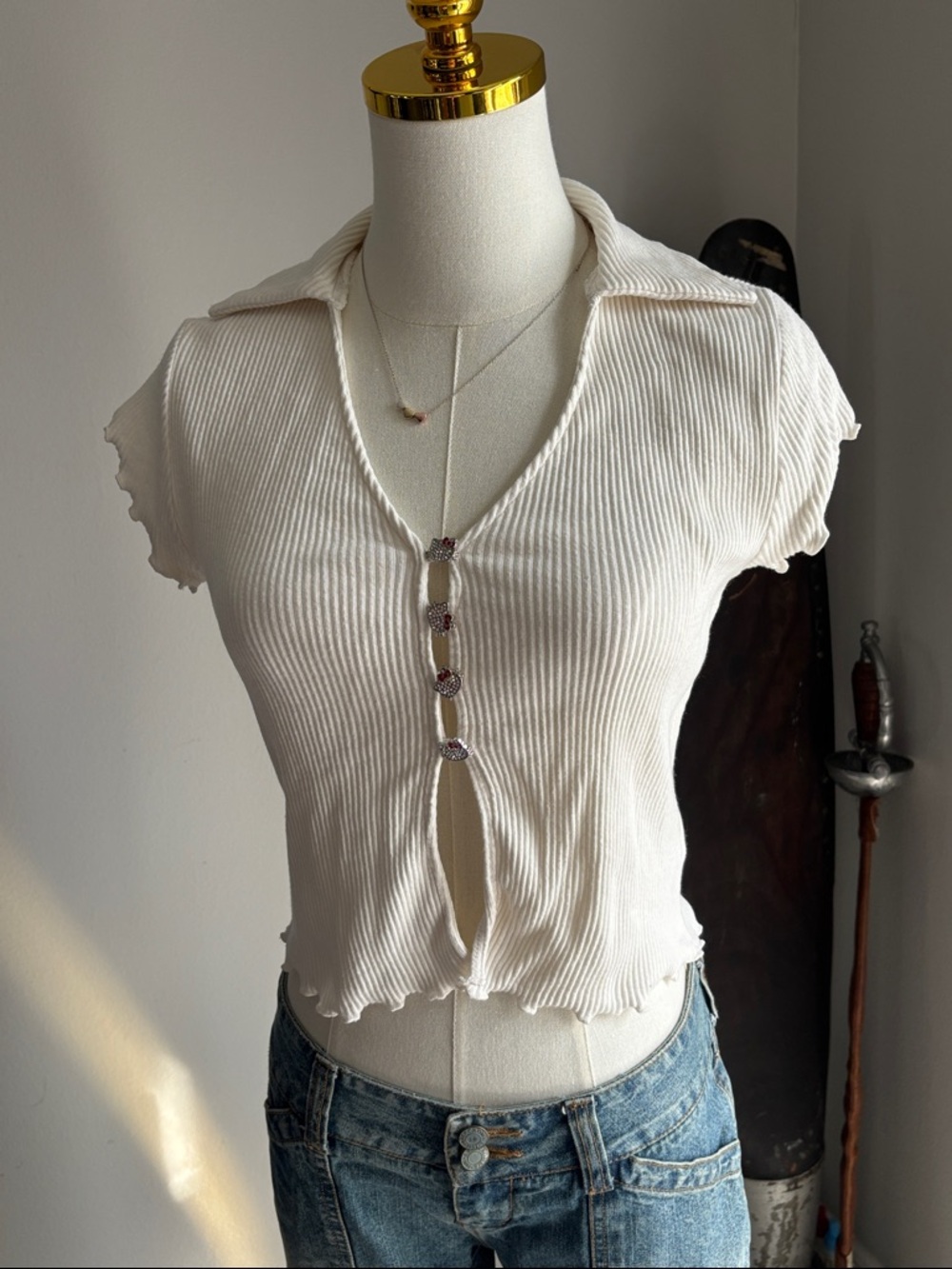 Forever 21 Cream Ribbed Button-Front Polo Crop Top Hello Kitty